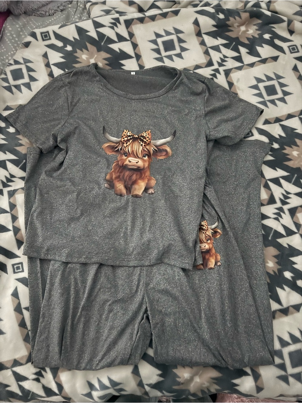 Girls' Gray Cow Graphic Three piece Pajama Set with Leopard Bow